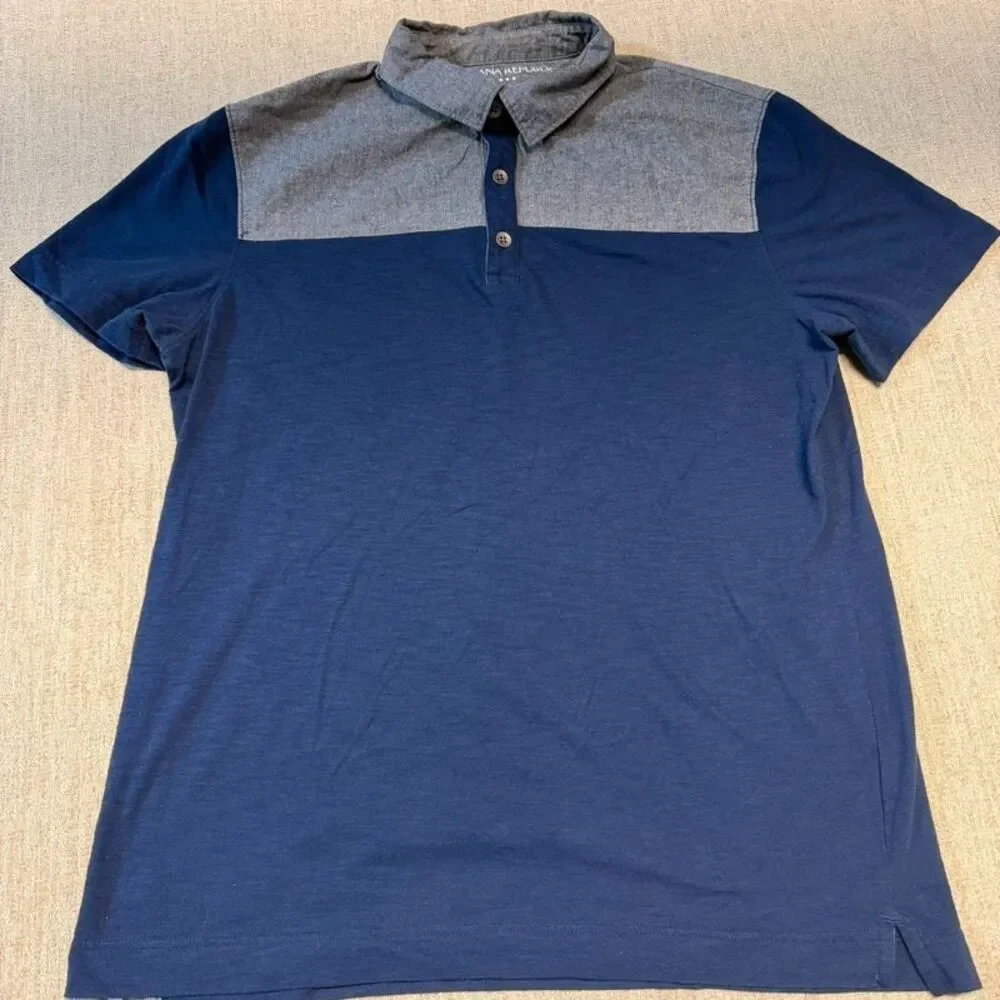 Banana Republic men’s large L color block blue denim Polo shirt cotton